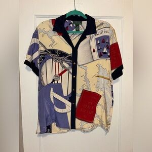 Vtg Lauren Ralph Lauren Nautical Yachting Coastal Button Up Silk Shirt Medium